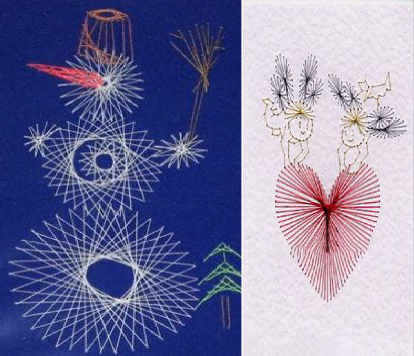Вышивание рисунка на бумаге, снеговик и сердце с ангелочками